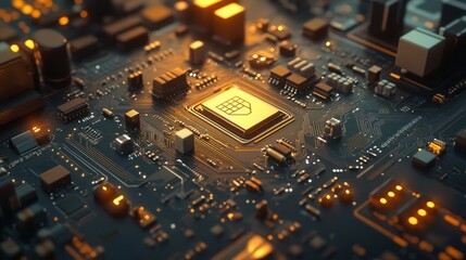 Poster - Close-up of a circuit board with a central microprocessor and surrounding electronic components, highlighting modern computing technology complexity.