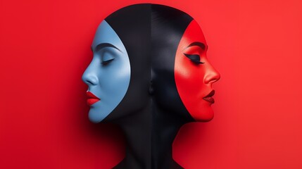 Wall Mural - Abstract portrait of a woman with blue, red and black paint on her face, red background.