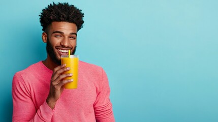 athletic man taking a sip of his smoothie with a smile, looking energized and refreshed