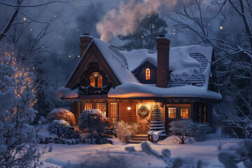 Wall Mural - A cozy house with a fireplace and a wreath on the door