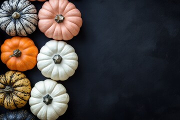 Poster - Colorful pumpkins arranged on a black surface with copy space.