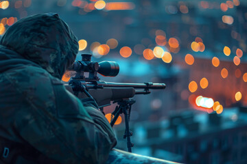 A man in camouflage is holding a rifle and looking through a scope