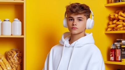 Poster - Young man in white hoodie with headphones against yellow background.