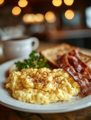 Wall Mural - Plate of scrambled eggs, bacon, and toast for breakfast.