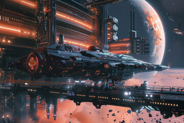 Poster - A futuristic space station with a large ship docked on the pier