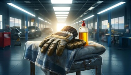 Wall Mural - A hyper realistic, macro view of work gloves and oil-stained shop towel