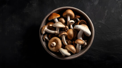 Different fresh wild mushrooms in bowl on black background, flat lay