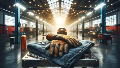 Wall Mural - A hyper realistic, macro view of work gloves and oil-stained shop towel