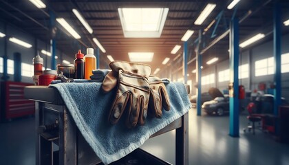 Wall Mural - A hyper realistic, macro view of work gloves and oil-stained shop towel