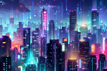 Wall Mural - A cityscape with neon lights and a sign that says 