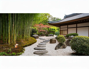 A Japanese-inspired garden with a stone path leading to a traditional tea house. Surrounded