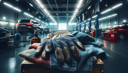 Wall Mural - A hyper realistic, macro view of work gloves and oil-stained shop towel