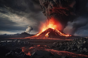 Powerful volcanic eruption in Iceland, with lava spewing from the crater and ash clouds dominating the dramatic sky. The scene showcases the intense and raw force of nature. Generative AI