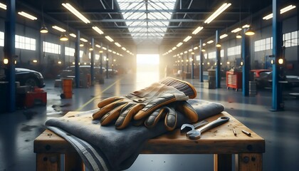 Wall Mural - A hyper realistic, macro view of work gloves and oil-stained shop towel