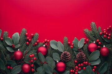 Wall Mural - Red Christmas ornaments, pine branches, holly leaves, and pine cones on red background.