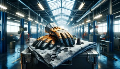 Wall Mural - A hyper realistic, macro view of work gloves and oil-stained shop towel