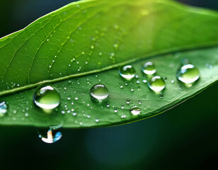 A macro shot of water droplets on a green leaf, with the surface reflecting light.