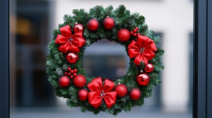 Sticker - A vibrant Christmas wreath with red bows and glittering ornaments hanging on a shop window, festive atmosphere 