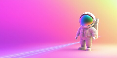 Wall Mural - A white astronaut is standing in front of a pink background. The astronaut is wearing a backpack and has a colorful helmet. The image has a futuristic and adventurous vibe