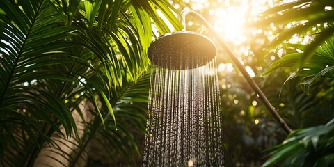 A shower head is spraying water in a jungle. The shower head is surrounded by green leaves and the sun is shining brightly. Scene is bright and cheerful, as the sun