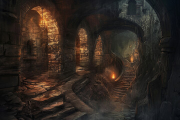 A dark, gloomy dungeon with a spiral staircase leading up to a higher level