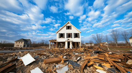 Aftermath of a tornado with destroyed houses and scattered debris under a calm, post-storm sky rebuilding after disaster 