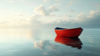 A red boat sits in the water, reflecting the sky above