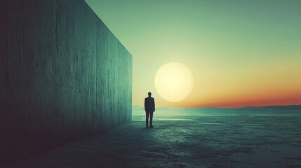 Wall Mural - A man stands in front of a wall, looking out at the horizon