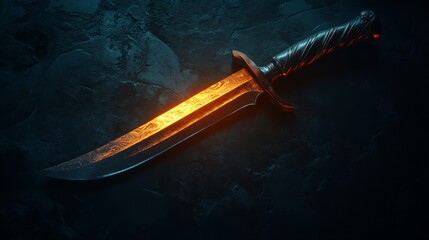 A sword with a glowing blade is shown in a dark background