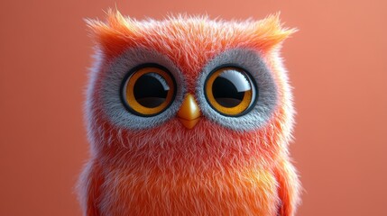 a fuzzy orange owl with big eyes stares at the camera