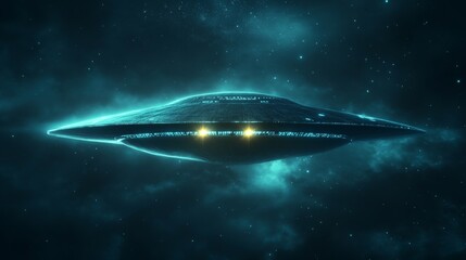A blue UFO is flying through the sky