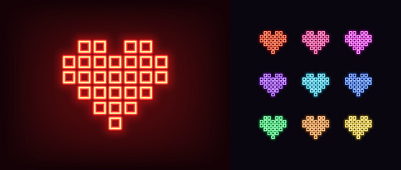 Poster - Outline neon pixel heart icon set. Glowing neon retro bit heart with outline pixel shape. Vintage love, digital heart, retro game passion, health bits, donation, love gift, pixel art. Vector icons