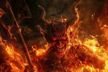 A demonic figure with a sword is surrounded by fire