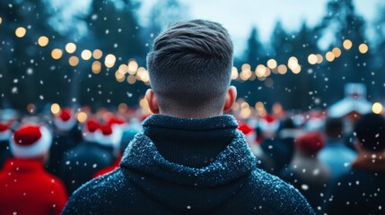 Poster - Christmas carol choir performing in a town square, people gathered to listen, snow falling, holiday lights twinkling 