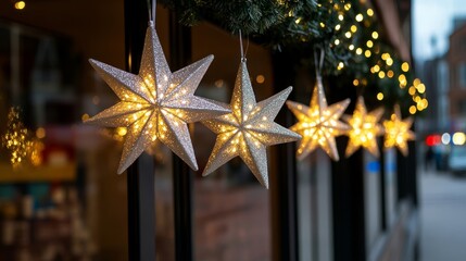 Poster - Christmas decorations display with glittering stars, baubles, and artificial snow, festive shop atmosphere, bright lighting 