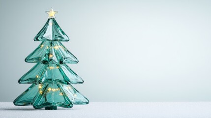 Poster - Christmas tree constructed from shimmering glass shards with glowing fairy lights isolated on a snowy white background 