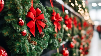 Wall Mural - Christmas wreaths hanging in a store display, adorned with red bows, pinecones, and ornaments, festive lighting 