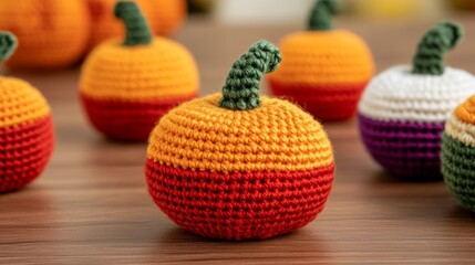 Wall Mural - Cluster of small crochet pumpkins in vibrant autumn colors scattered on a wooden table handmade fall crafts 