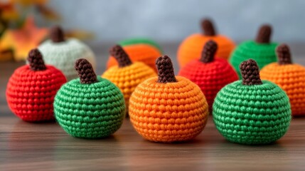 Wall Mural - Cluster of small crochet pumpkins in vibrant autumn colors scattered on a wooden table handmade fall crafts 