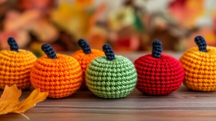 Poster - Cluster of small crochet pumpkins in vibrant autumn colors scattered on a wooden table handmade fall crafts 