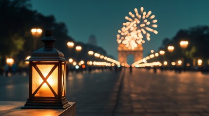 Poster - Diwali lanterns and lights illuminating India Gate as fireworks explode in the distance symbolizing hope and joy 