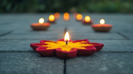 Wall Mural - diya-shaped rangoli design made with bright red and yellow powders illuminated by small clay lamps f