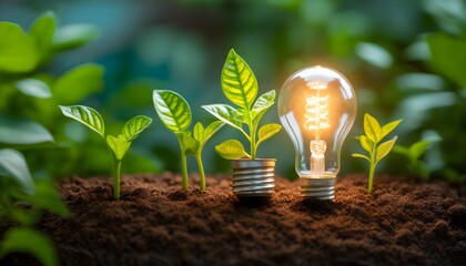 Wall Mural - Illuminating Nature: The Harmony of Growing Plants and Light Bulbs in Sustainable Energy and Green Technology