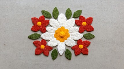 Poster - Eco-friendly Rangoli design using natural materials like rice, grains, and flower petals arranged in symmetrical patterns 