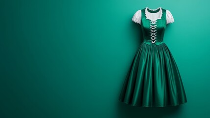 Wall Mural - Elegant green dirndl dress with velvet bodice and satin apron isolated on a gradient background Bavarian chic 