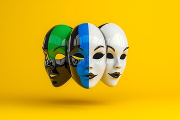 Sticker - Three colorful masks against a yellow background.