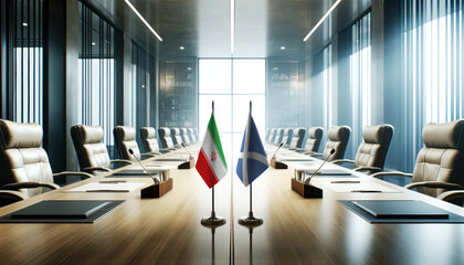 A modern conference room with Iran and Scotland flags on a long table, symbolizing a bilateral meeting or diplomatic discussions between the two nations.