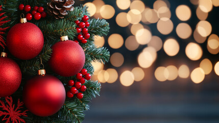 Canvas Print - Festive ornaments with bright ribbons and snowflake designs hanging on a decorated wreath, glowing lights in the background 