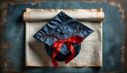 Wall Mural - Classic graduation cap and diploma tied with red ribbon showcasing the rich texture of paper and fabric