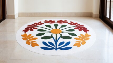 Wall Mural - intricate circular rangoli design with vibrant colors and floral patterns on a white marble floor fe